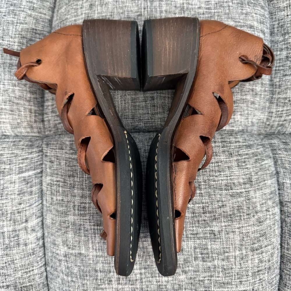 Aketohn Brown Leather Lace Up Gladiator Sandals Stacked Chunky Heel Size 37 - Picture 7 of 14
